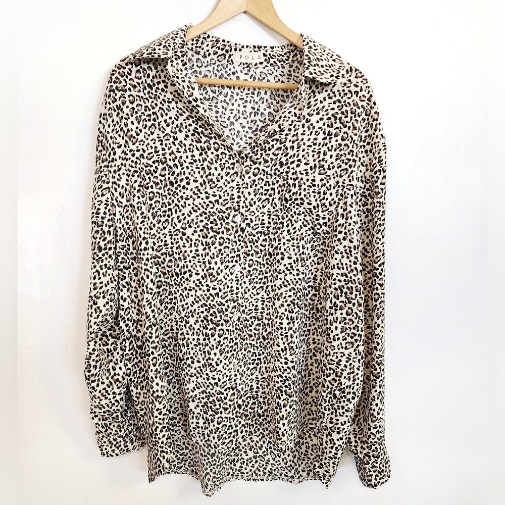 POL Leopard Print Button-Down Shirt in Cream and Black